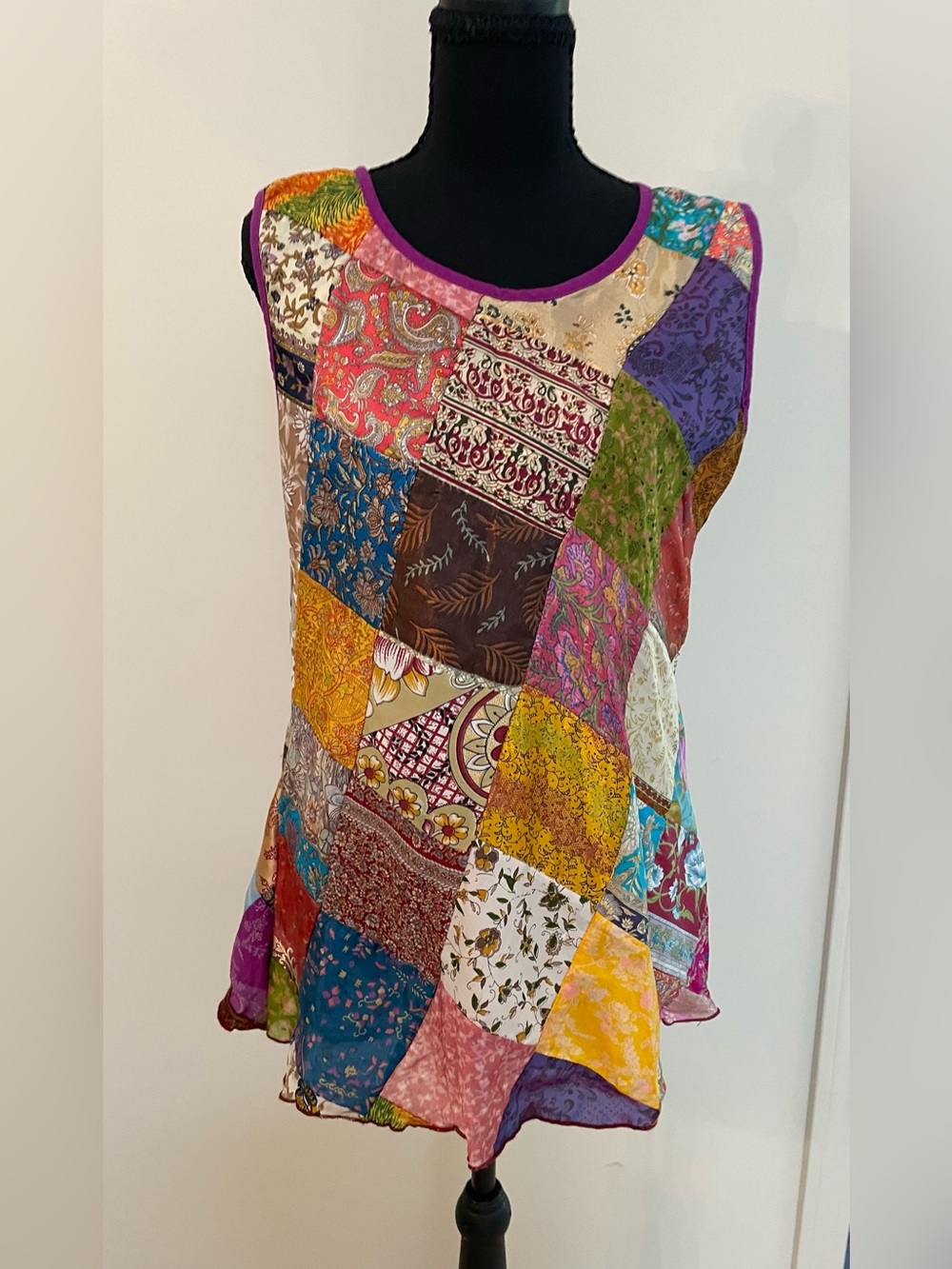 Colorful 100% Silk Vintage Patchwork Blouse with Silk Lining Artsy Festival